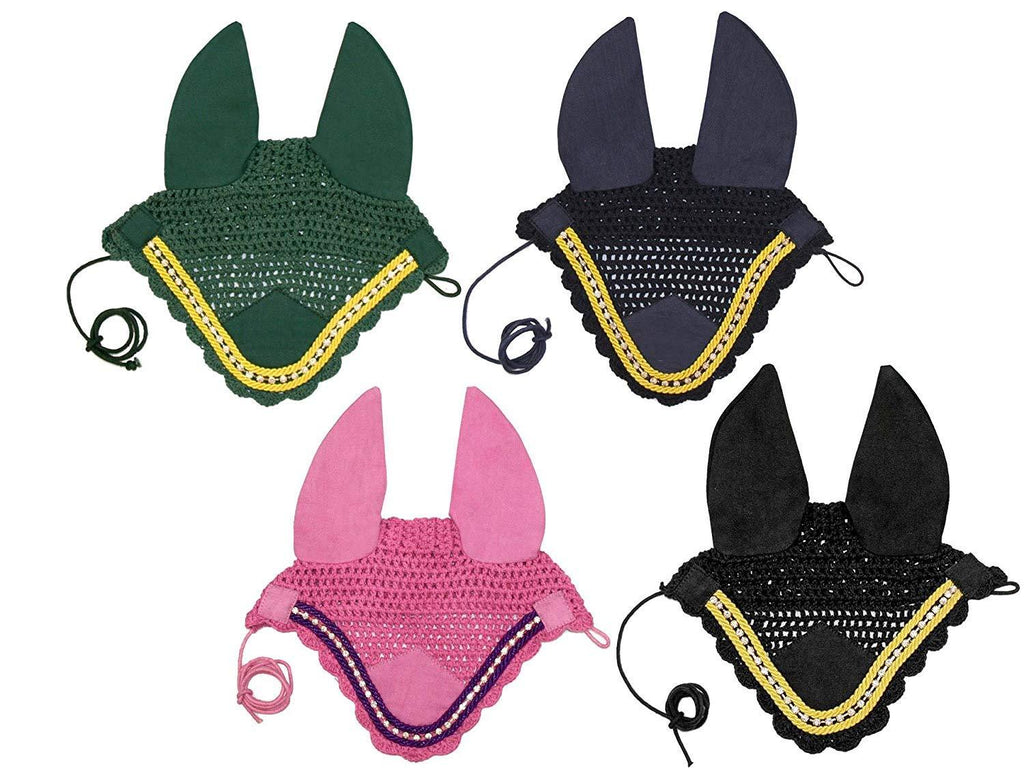 Paris Tack Premium Show Crochet Horse Fly Veil Bonnet with Crystal Brow and Soft Knit Ears - Provides Protection from Insects Without Impairing Vision Full Horse Pink - PawsPlanet Australia