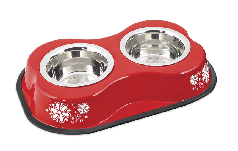 [Australia] - Buddy's Line Bone Shaped Stainless Steel Double Diners Pet Bowl Red with Flowers 