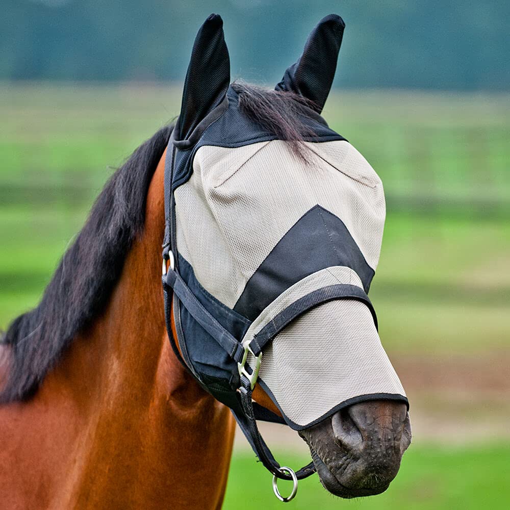 HORZE Long Nose Mesh Insect and Fly Mask with UV Protection Sunburn Prevention for Horses Horse Light Brown/Black - PawsPlanet Australia