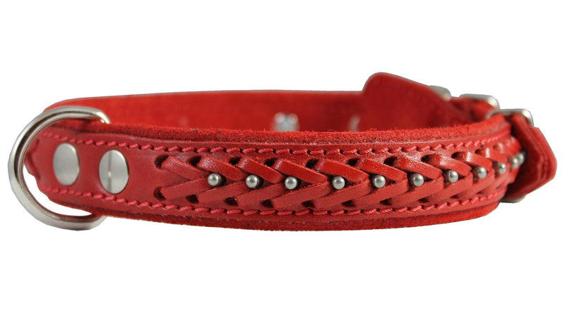 [Australia] - Genuine Leather Braided Studded Dog Collar, Red 1" Wide. Fits 14"-18" Neck. Brittany, Collie, Harrier, 