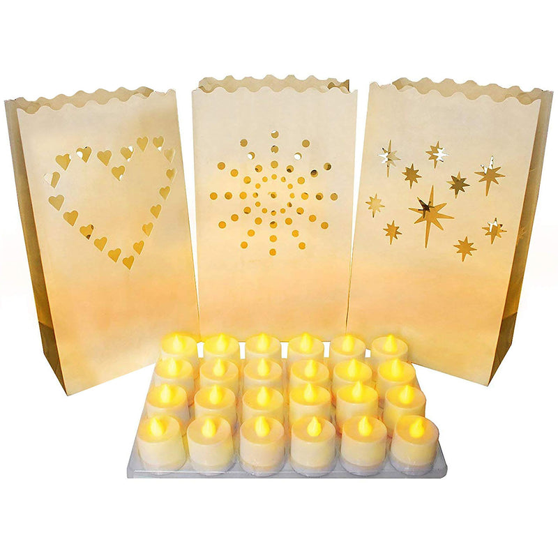 Luminary Bags with LED Tea Light Candles (24 Pack) - 26.5 x 15 cm Decorative Candle Bags Perfect for Birthday, Halloween, Street Party, Wedding, Evening Indoor and Outdoor Decorations White - PawsPlanet Australia