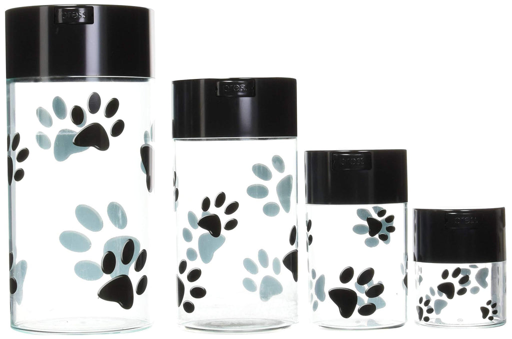 [Australia] - Pawvacs Set of 4 ( 3, 6, 12, 24 Ounce ) Vacuum Sealed Pet Food Storage Containers; Black Cap & Clear Body/Black Paws 