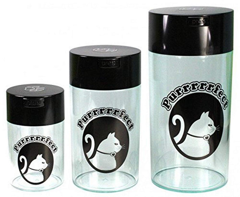 [Australia] - Pawvacs Set of 3 ( 6, 12, 24 Ounce ) Vacuum Sealed Pet Food Storage Containers; Black Cap & Clear Body/Black Cat 