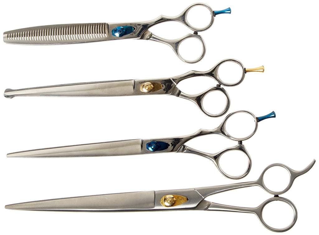 [Australia] - TAMSCO Delux e Grooming Set Of 4, (B-620C, B-625, B-611, B-574) Thinning Shear with Double Teeth Blade Japanese Stainless Steel Curved Blade Shear with Probe Tip Shear with Classical Design Removable Finger Rest 