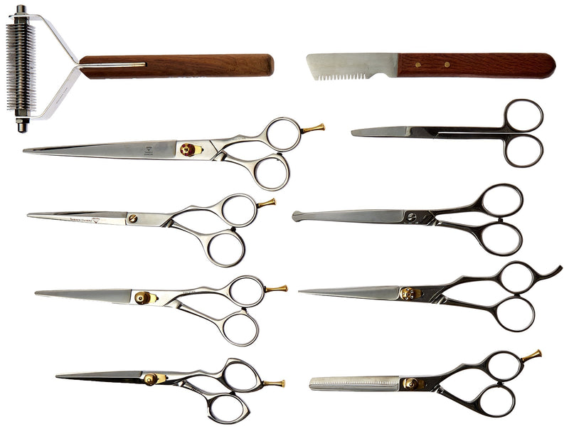 [Australia] - Tamsco Delux e Grooming Set of 10 in Leather Case Leather Case Japanese Stainless Steel Various Shears Sizes Wooden Handle 