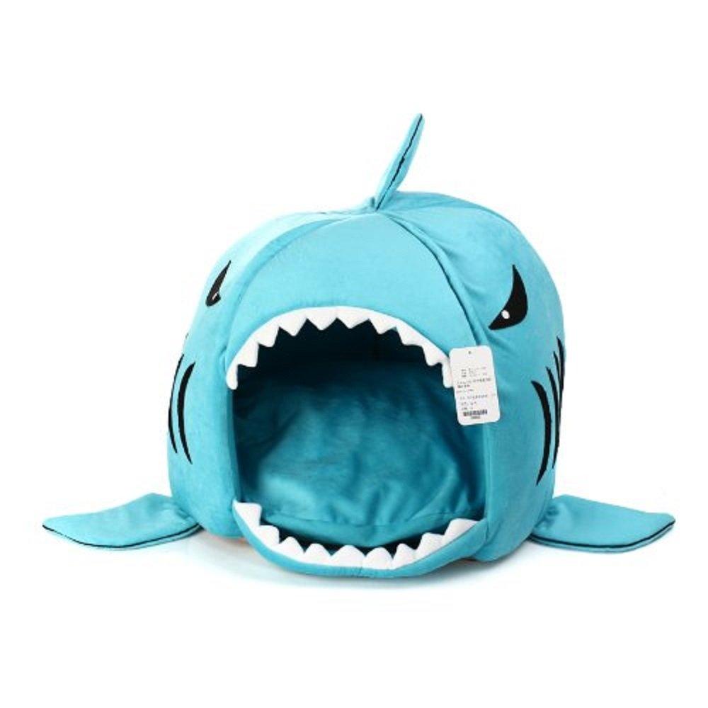 [Australia] - KOJIMA Cute Color Shark Round House Puppy Bed with Pet Bed Mat Small to Medium Blue 