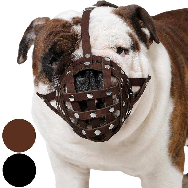 [Australia] - CollarDirect Basket Dog Muzzle for Boxer, English Bulldog, American Bulldog Secure Leather Muzzle Brown 