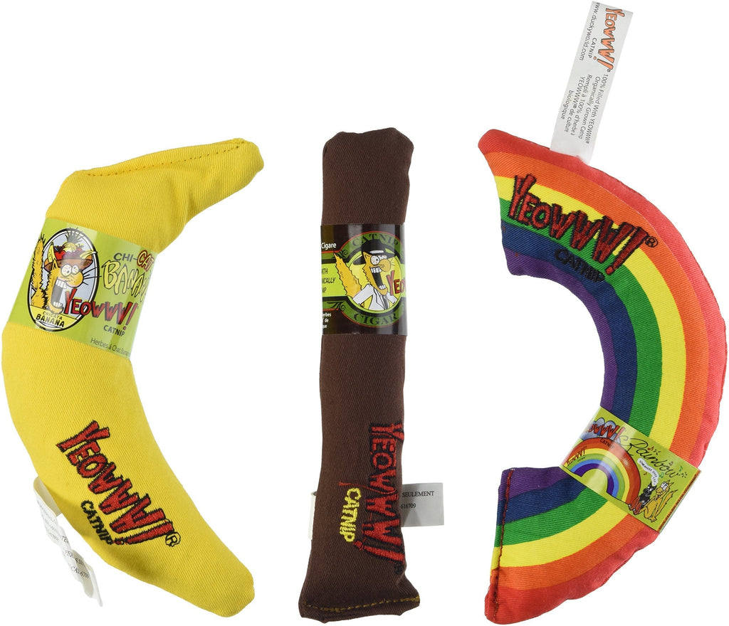 YEOWWW! Catnip Toy Variety Pack Cigar & Banana & Rainbow Made in USA 1 pack - 3 toys - PawsPlanet Australia