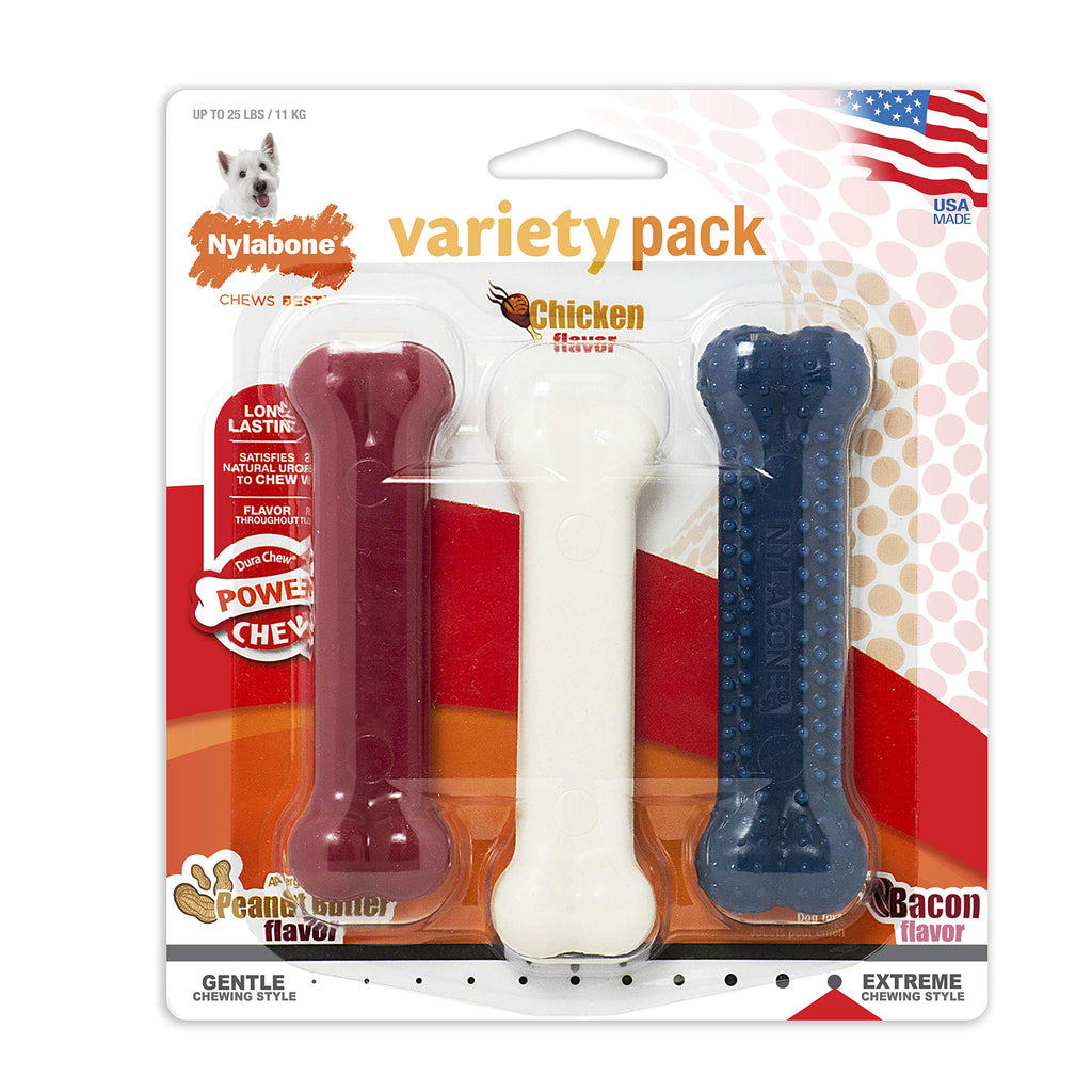 Nylabone Power Chew Variety Triple Pack Chicken, Bacon & Peanut Butter Small/Regular (3 Count) - PawsPlanet Australia