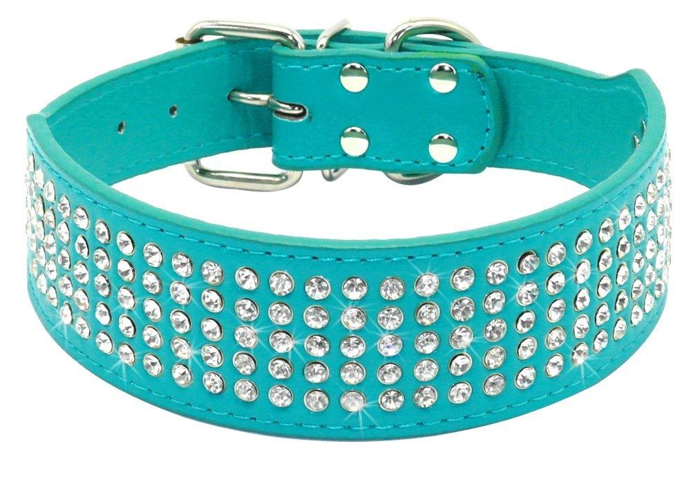 [Australia] - Beirui Rhinestones Dog Collars - 2" Width with 5 Rows Full Sparkly Crystal Diamonds Studded PU Leather - Beautiful Bling Pet Appearance for Medium & Large Dogs 21-24" Turquoise 