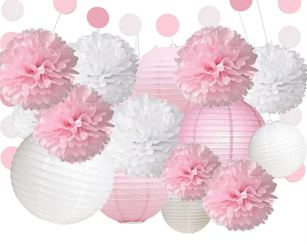 Fonder Mols 18 White Pink Tissue Paper Flowers Pom Poms Paper Lanterns Polka Dot Garlands for Wedding Baby Party Decorations - PawsPlanet Australia