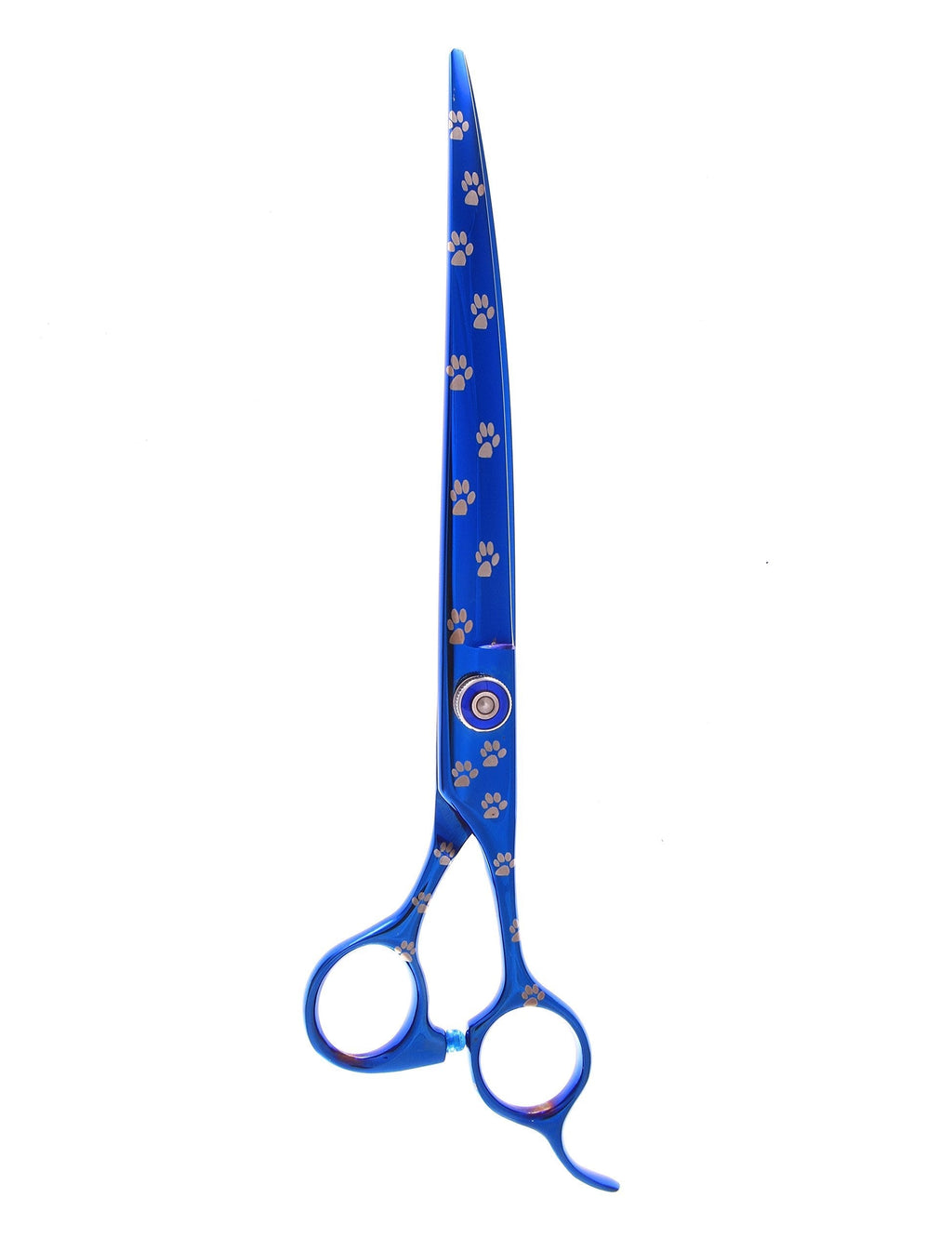 [Australia] - ShearsDirect Japanese Stainless Curved Blue Titanium with Paw Prints, Professional Cutting Shear with Blue Tension Knob, Fixed Finger Rest, 8.0-Inch Curved 