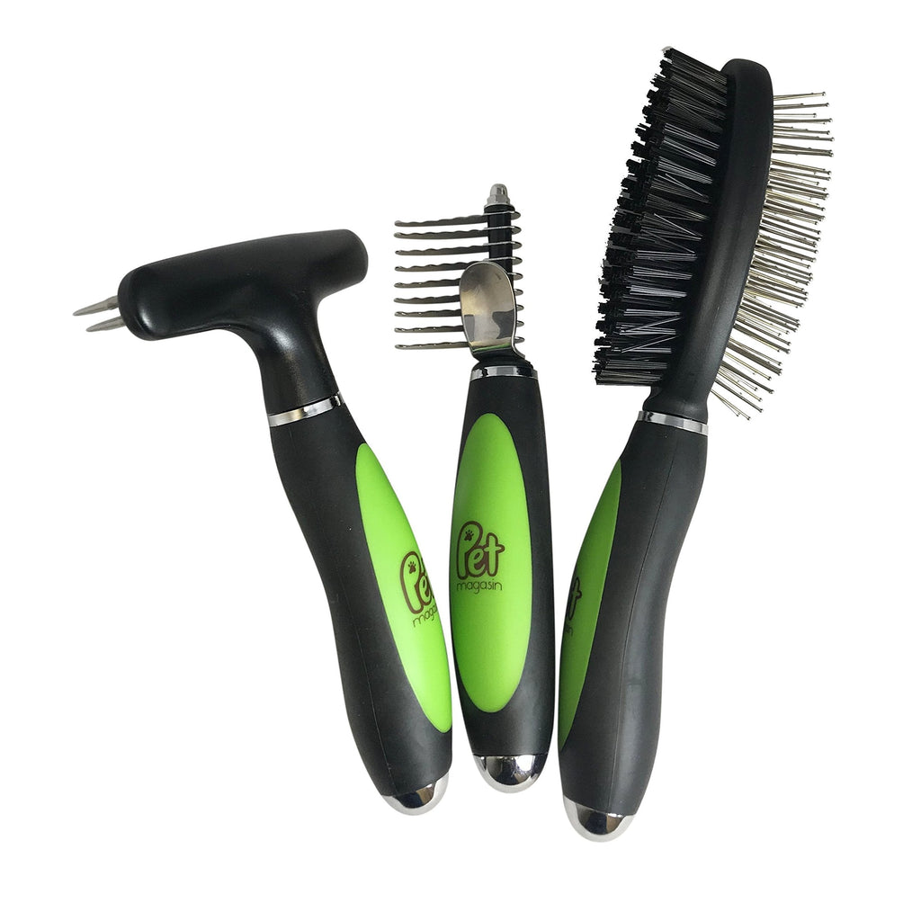 [Australia] - Pet Magasin Professional Grooming Brushes (Pack of 3) Double Sided Brush, Long Tooth Undercoat Dog Rake & De-Matting Comb for Dogs, Cats & Other Animals, Green & Black (DogBrushesTop) 