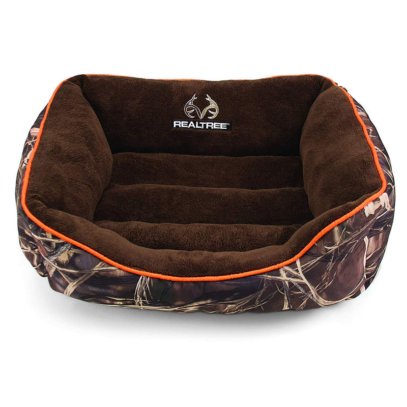 [Australia] - Realtree Box Pet Bed for Dogs and Cats, Bolstered Walls for Support and Comfort Camo w/ Orange Piping 