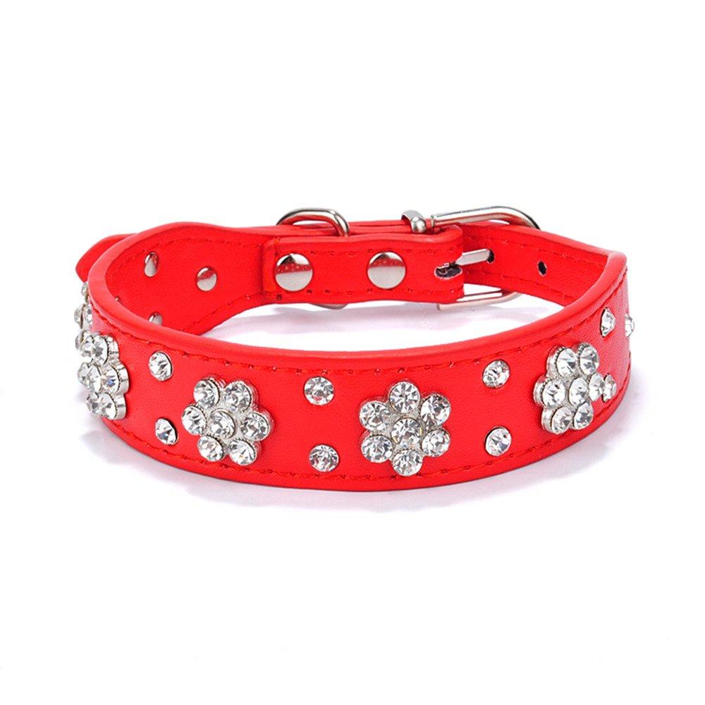 [Australia] - Gimilife Leather Dog Collar, Personalized Dog Cat Collar, Bling Collar, PU Leather Collar Black,Red,Pink and Blue, Male and Female, Five Adjustable Sizes Small or Medium Dogs(Red M) 