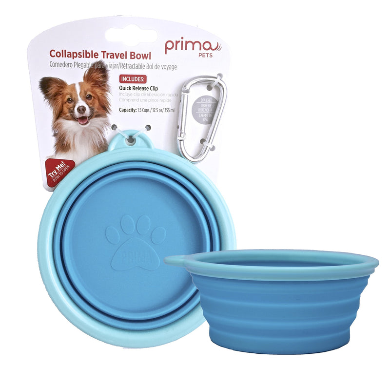 Prima Pet Expandable/ Collapsible Silicone Food & Water Travel Bowl with Clip for Small & Medium Dog and Cat, Size: 1.5 Cups (5.1 Inch Diameter Bowl) (AQUA) SMALL (1.5 CUPS) AQUA - PawsPlanet Australia