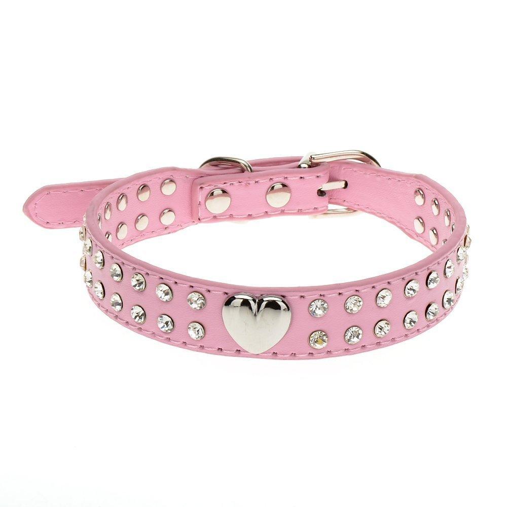 [Australia] - Wowlife Top Pet Dog Leash 2 Rows Rhinestone Bling Heart Studded Leather Dog Collar for Pet Colla S Pink 