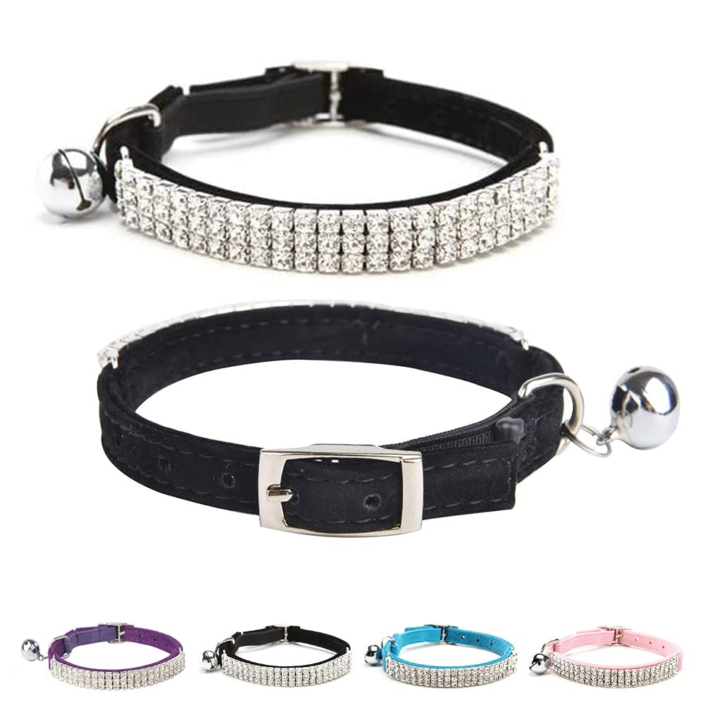 BINGPET Adjustable Cat Collar Soft Velvet Safe Collars Bling Diamante with Bells Black - PawsPlanet Australia