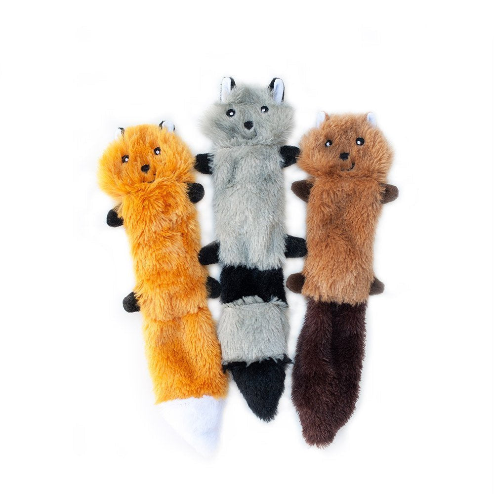 ZippyPaws - Skinny Peltz No Stuffing Squeaky Plush Dog Toy, Fox, Raccoon, and Squirrel 11 Inch (3 Pack) - PawsPlanet Australia