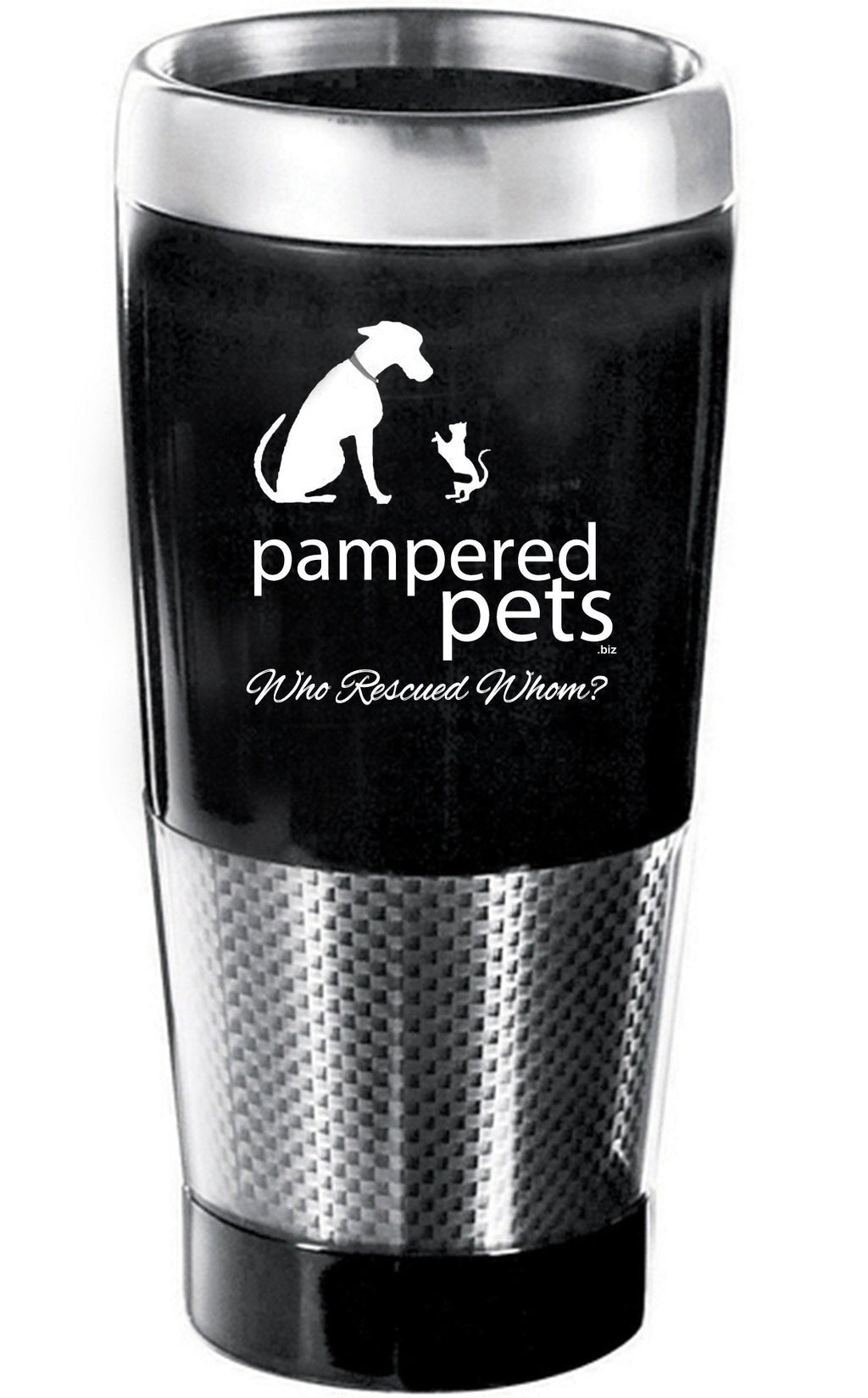 [Australia] - Pampered Pets Laser Engraved Logo Who Rescued Whom? Stainless Steel Tumbler, 16-Ounce, Black with Double-Wall Construction 