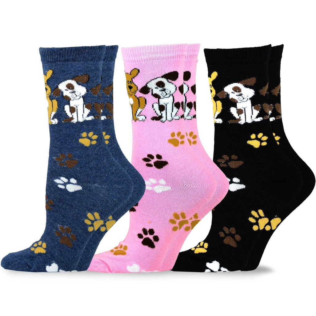 [Australia] - TeeHee Women's Fun Dogs Kitty Cotton Crew Socks 9-11 Doggies and Foot Prints_3pair 