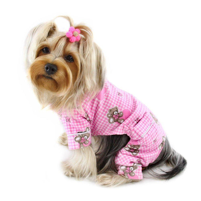 Klippo Dog/Puppy Teddy Bear Flannel Pamajas/Bodysuit/Overall/Jumper/Romper for Small Breeds - Pink X-SMALL - PawsPlanet Australia