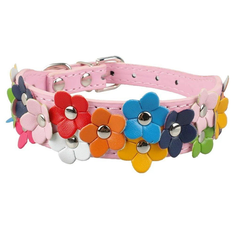 [Australia] - Beirui Cute PU Leather Dog Collar with Adorable Flowers 10"-13" Pink 