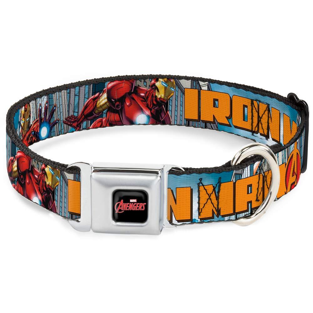 [Australia] - Buckle-Down Seatbelt Buckle Dog Collar - Iron Man w/Avengers Logo Cityscape 1" Wide - Fits 15-26" Neck - Large 