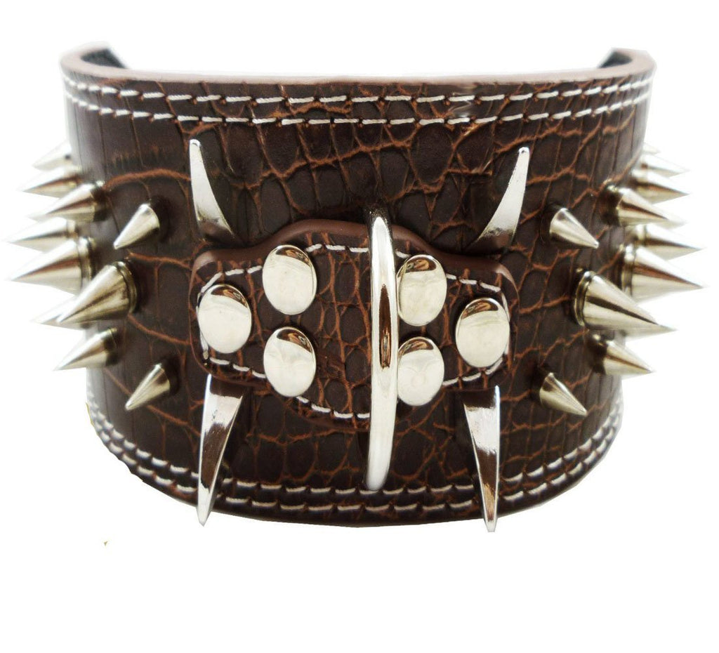 [Australia] - Dogs Kingdom Faux Croc Leather Spiked Dog Collar 3" Wide, 40 Large Spikes Pet Supplies L Brown 