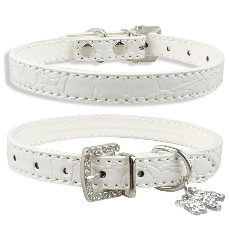 [Australia] - Dogs Kingdom Soft Croc Leather with Rhinestone Heart/Dog Pendant Dog Pet Puppy Collars White S 