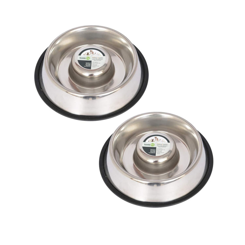 [Australia] - Iconic Pet Set of 2 Stainless Steel Anti-Skid Slow Feed Pet Bowl for Dogs Medium 