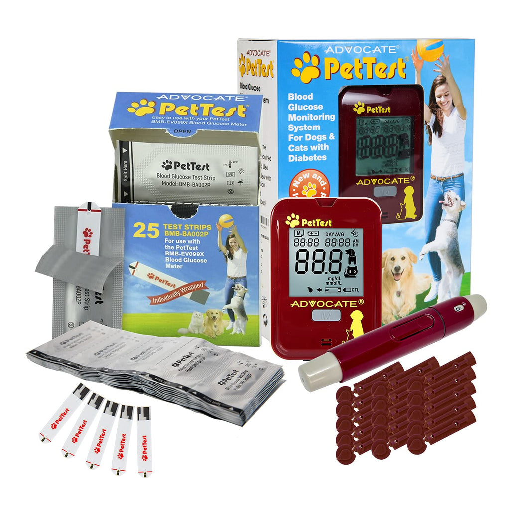 PetTest Red Dot Blood Glucose Monitoring System for Dogs and Cats with Diabetes. Your Complete Glucose Monitor Blood Sugar Test Kit including 25 Test Strips, 25 Lancets, Red Dot Lancing Device and Glucose Meter with Carrying Case. Diabetic Supplies - PawsPlanet Australia