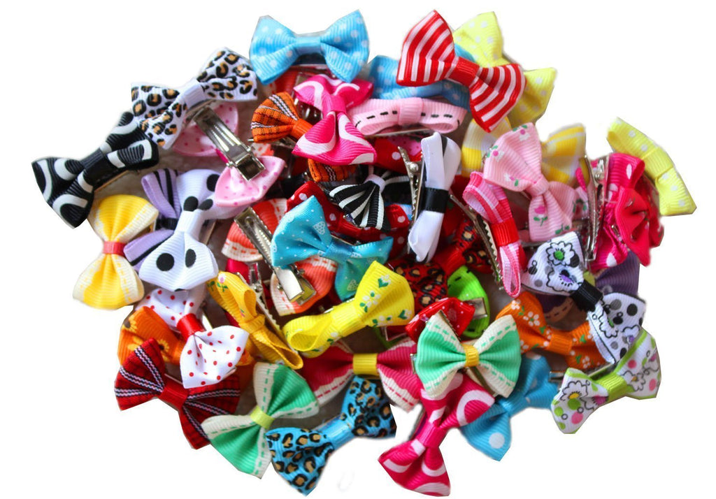 yagopet 50pcs/25pairs New Puppy Dog Hair Clips Small Bowknot with Tiny Alligator Clips Pet Grooming Products Mix Colors Varies Patterns Pet Hair Bows Dog Accessories - PawsPlanet Australia