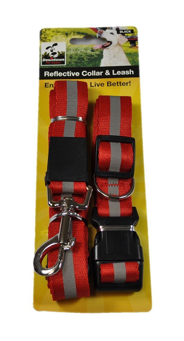 [Australia] - Pet Nylon Adjustable Reflective Dog Collar and Leash Set RED 