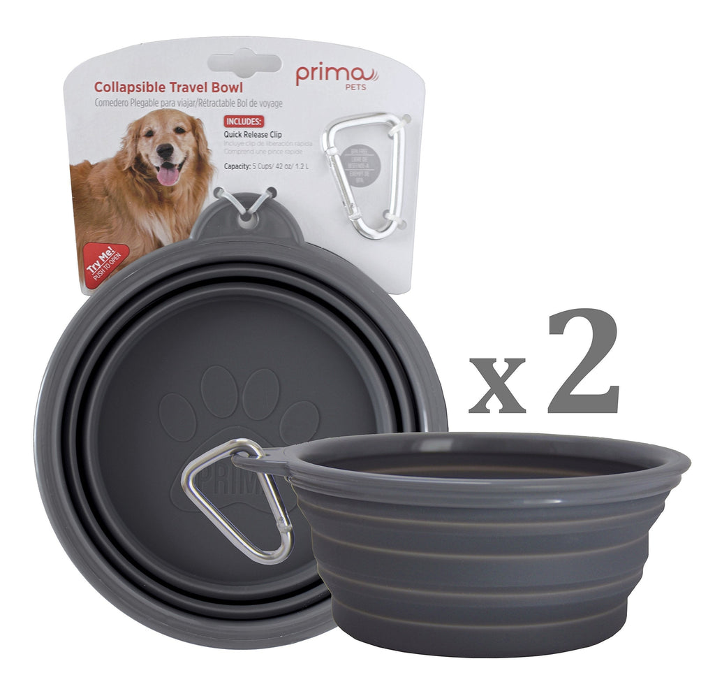 [Australia] - Prima Pets Collapsible Silicone Food & Water Travel Bowl with Clip for Dog and Cat, Small (1.5 Cups) & Large (5 Cups) LARGE (5 CUPS) - 2 PACK GREY 