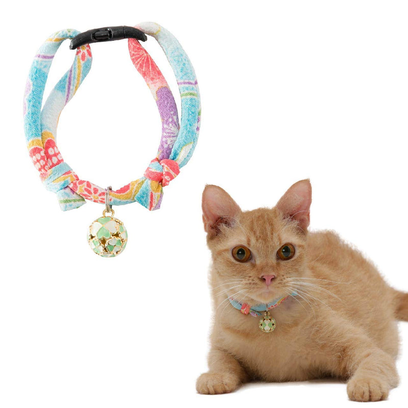 Necoichi Chirimen Cat Collar with Clover Bell, Handcrafted in Japan, 1 Size fits All Baby Blue - PawsPlanet Australia