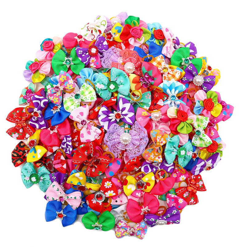 Yagopet 50pcs/Pack Cute New Dog Hair Bows Pairs Rhinestone Pearls Flowers Topknot Mix Styles Dog Bows Pet Grooming Products Mix Colors Pet Hair Bows Topknot Rubber Bands - PawsPlanet Australia