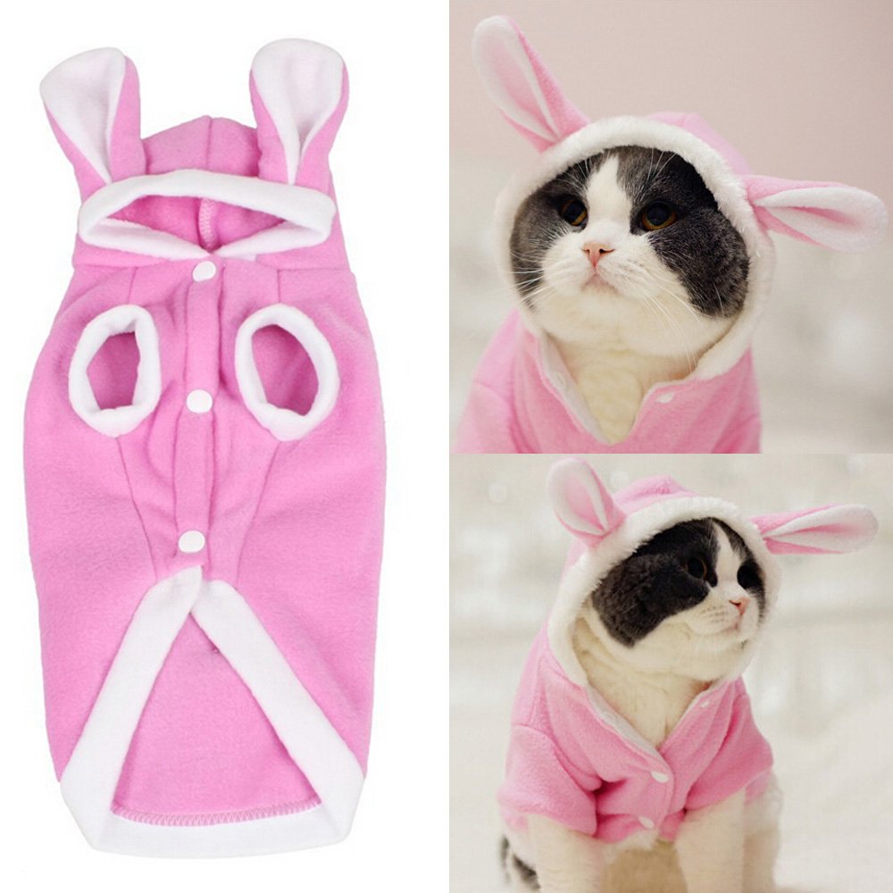 Bro'Bear Plush Rabbit Outfit with Hood & Bunny Ears for Small Dogs & Cats Pink X-Small - PawsPlanet Australia