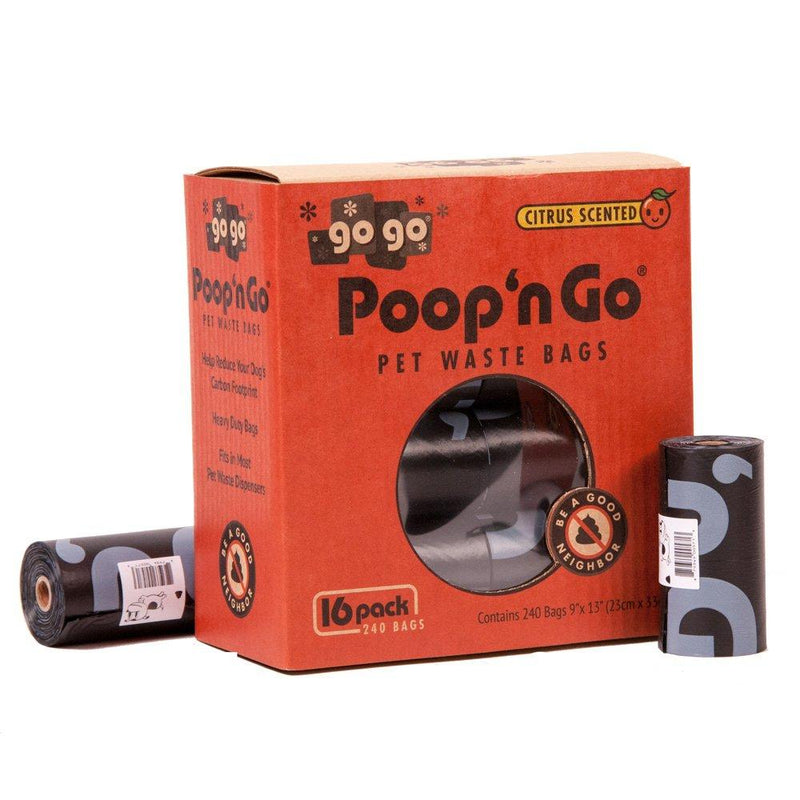 [Australia] - GoGo Pet Products Poop 'n Go Waste Bags (16 Rolls/240 Bags Per Box), Refreshing Citrus Scent, Black, Large 