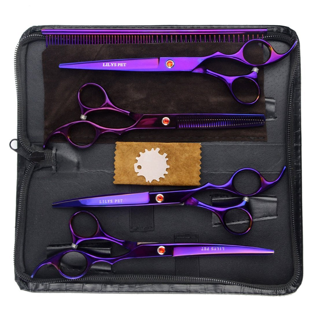 [Australia] - LILYS PET Professional PET Dog Grooming Coated Titanium Scissors Suit Cutting&Curved&Thinning Shears 7.0 inches Purple 