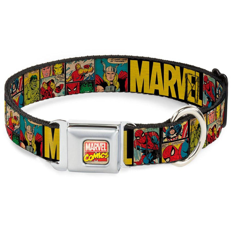 [Australia] - Buckle-Down Seatbelt Buckle Dog Collar - MARVEL/Retro Comic Panels Black/Yellow - 1" Wide - Fits 9-15" Neck - Small 