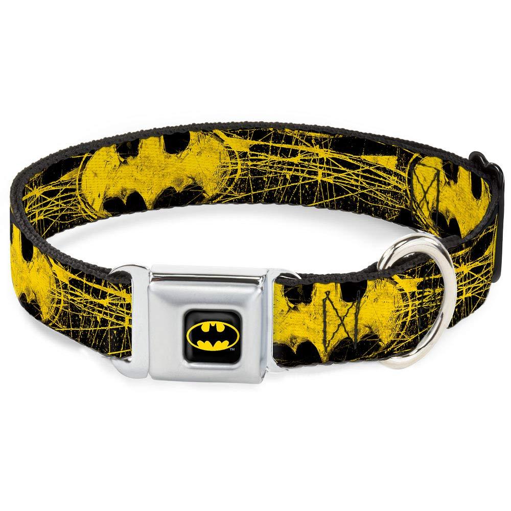 [Australia] - Buckle-Down Seatbelt Buckle Dog Collar - Batman Shield Close-UP Sketch Black/Yellow 1" Wide - Fits 15-26" Neck - Large 