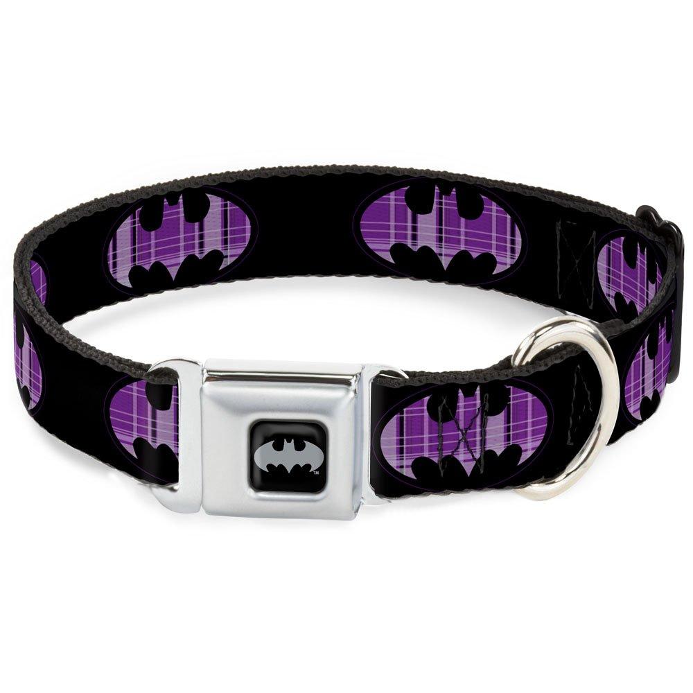 [Australia] - Buckle-Down Seatbelt Buckle Dog Collar - Batman Signal Black/Purple Plaid 1.5" Wide - Fits 16-23" Neck - Medium 