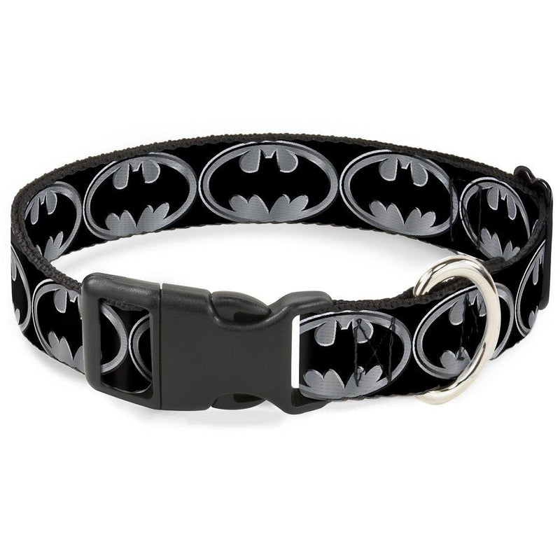 [Australia] - Buckle-Down Dog Collar Plastic Clip Batman Shield Black Silver Available in Adjustable Sizes for Small Medium Large Dogs 1/2" Wide - Fits 9-15" Neck - Large 