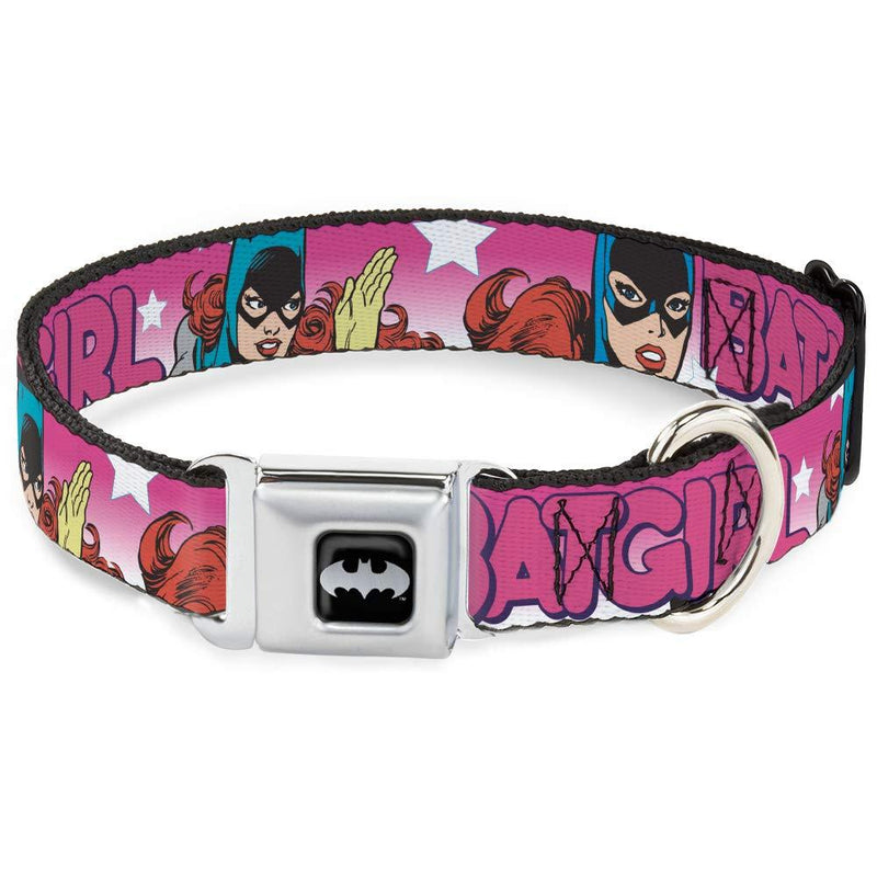 [Australia] - Buckle-Down Seatbelt Buckle Dog Collar - Batgirl Bubble Letters w/Stars Pink/White 1.5" Wide - Fits 18-32" Neck - Large 