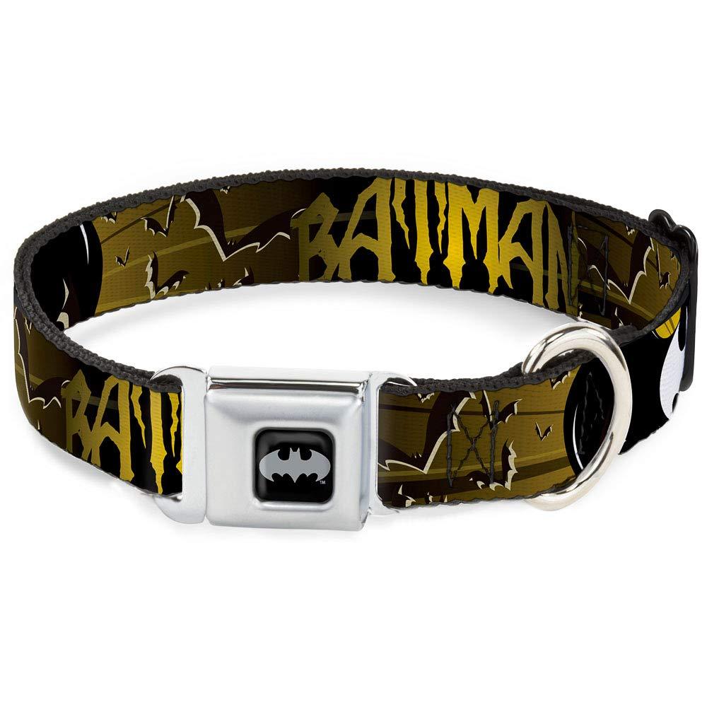 [Australia] - Buckle-Down Seatbelt Buckle Dog Collar - Batman w/Bat Signals & Flying Bats Yellow/Black/White 1" Wide - Fits 15-26" Neck - Large 