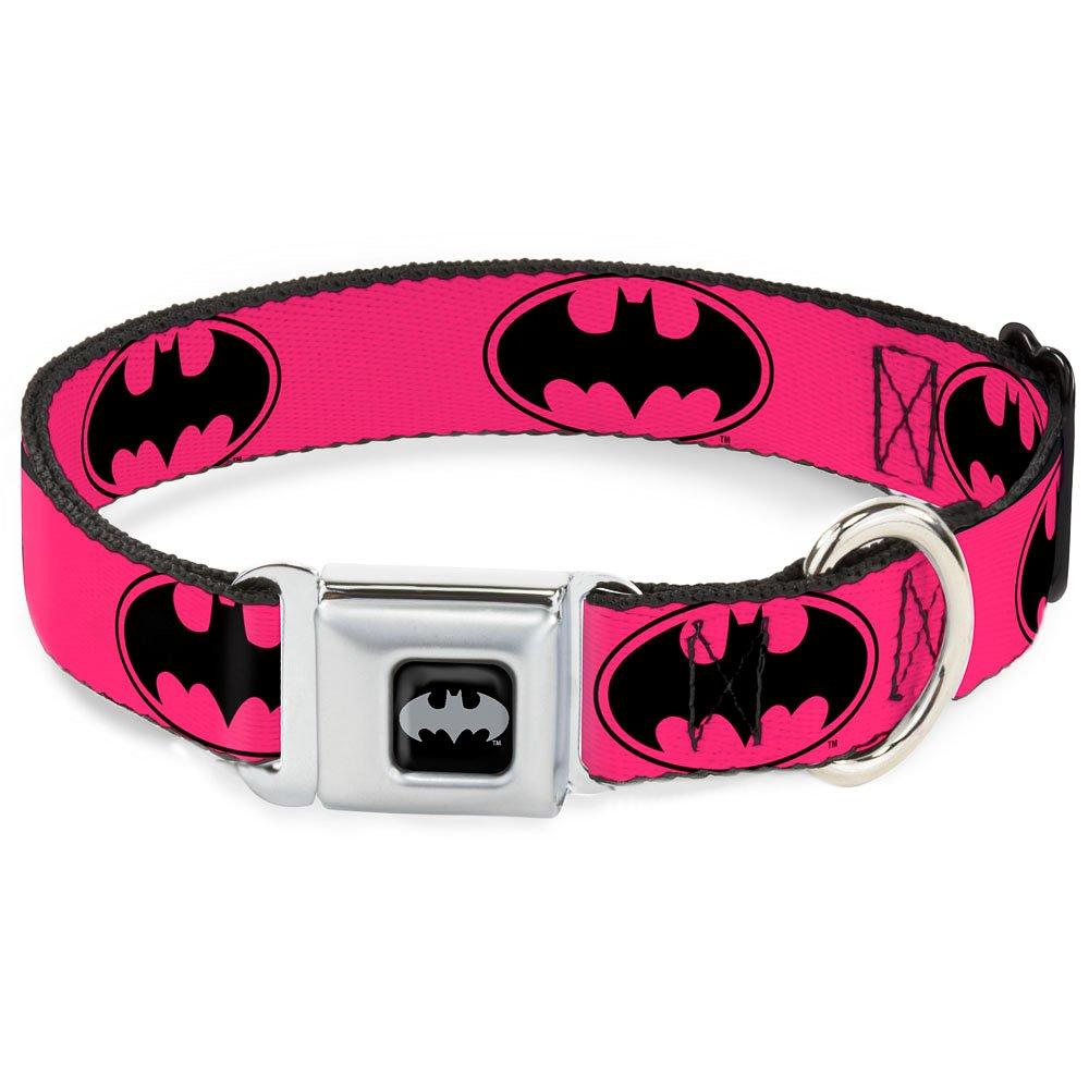 [Australia] - Buckle-Down Seatbelt Buckle Dog Collar - Bat Signal-3 Fuchsia/Black/Fuchsia 1" Wide - Fits 15-26" Neck - Large 