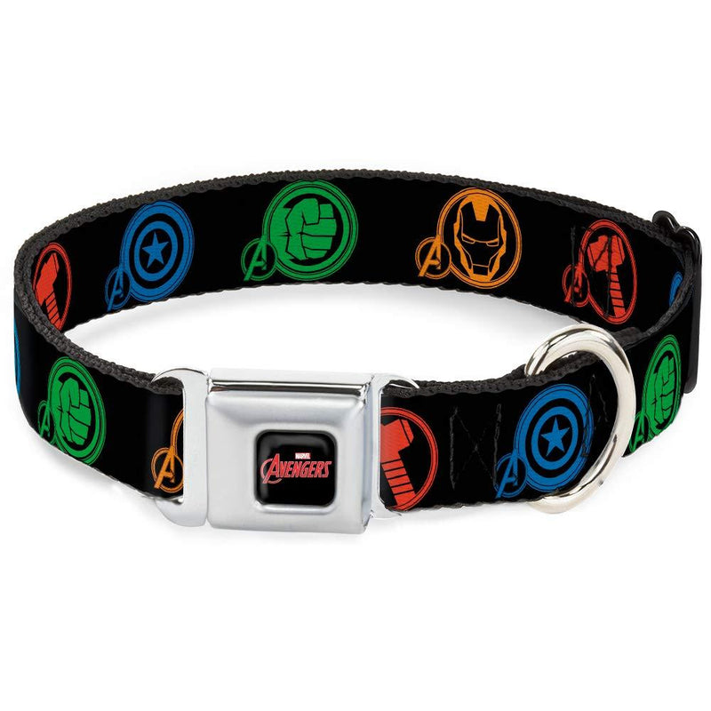 [Australia] - Buckle-Down Seatbelt Buckle Dog Collar - Marvel Avengers Superhero Logos Black/Multi Color 1" Wide - Fits 15-26" Neck - Large 