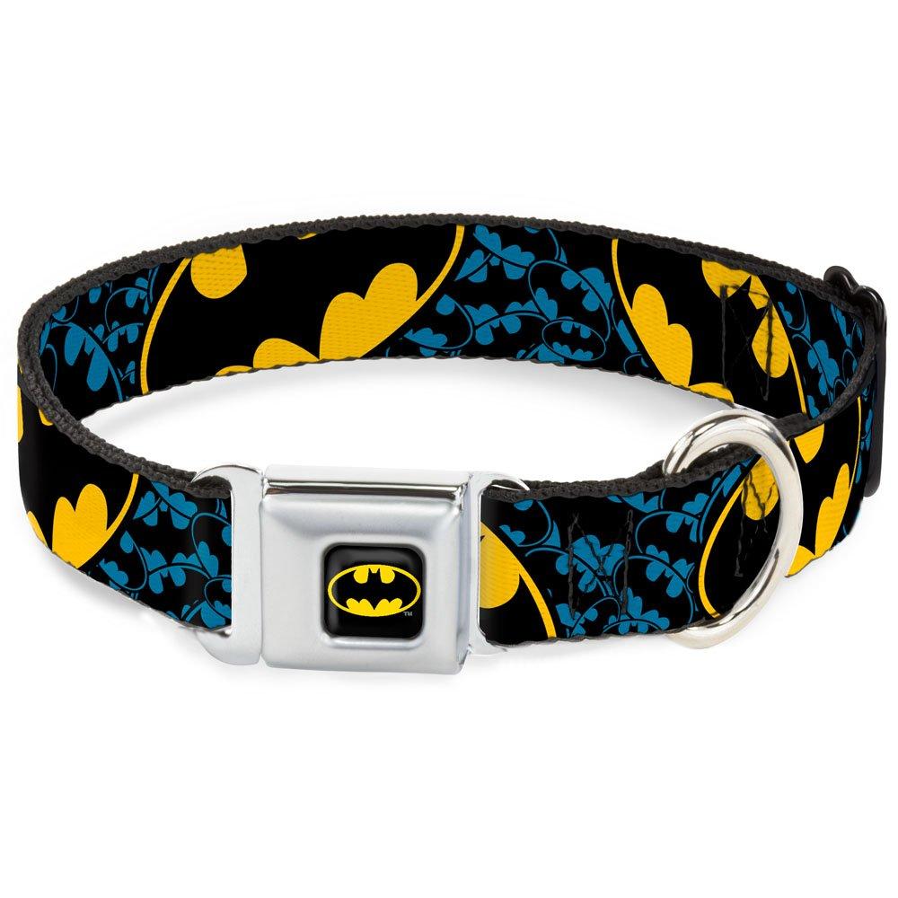 [Australia] - Buckle-Down Seatbelt Buckle Dog Collar - Bat Signals Stacked w/CLOSE-UP Blue/Black/Yellow - 1" Wide - Fits 15-26" Neck - Large 