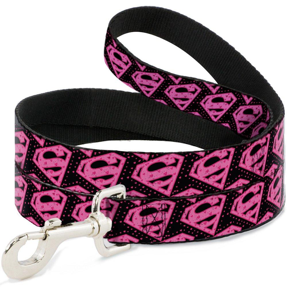 [Australia] - Buckle-Down Dog Leash Diagonal Superman Logo Hearts Black Pink Available in Different Lengths and Widths for Small Medium Large Dogs and Cats 4 Feet Long - 1/2" Wide 